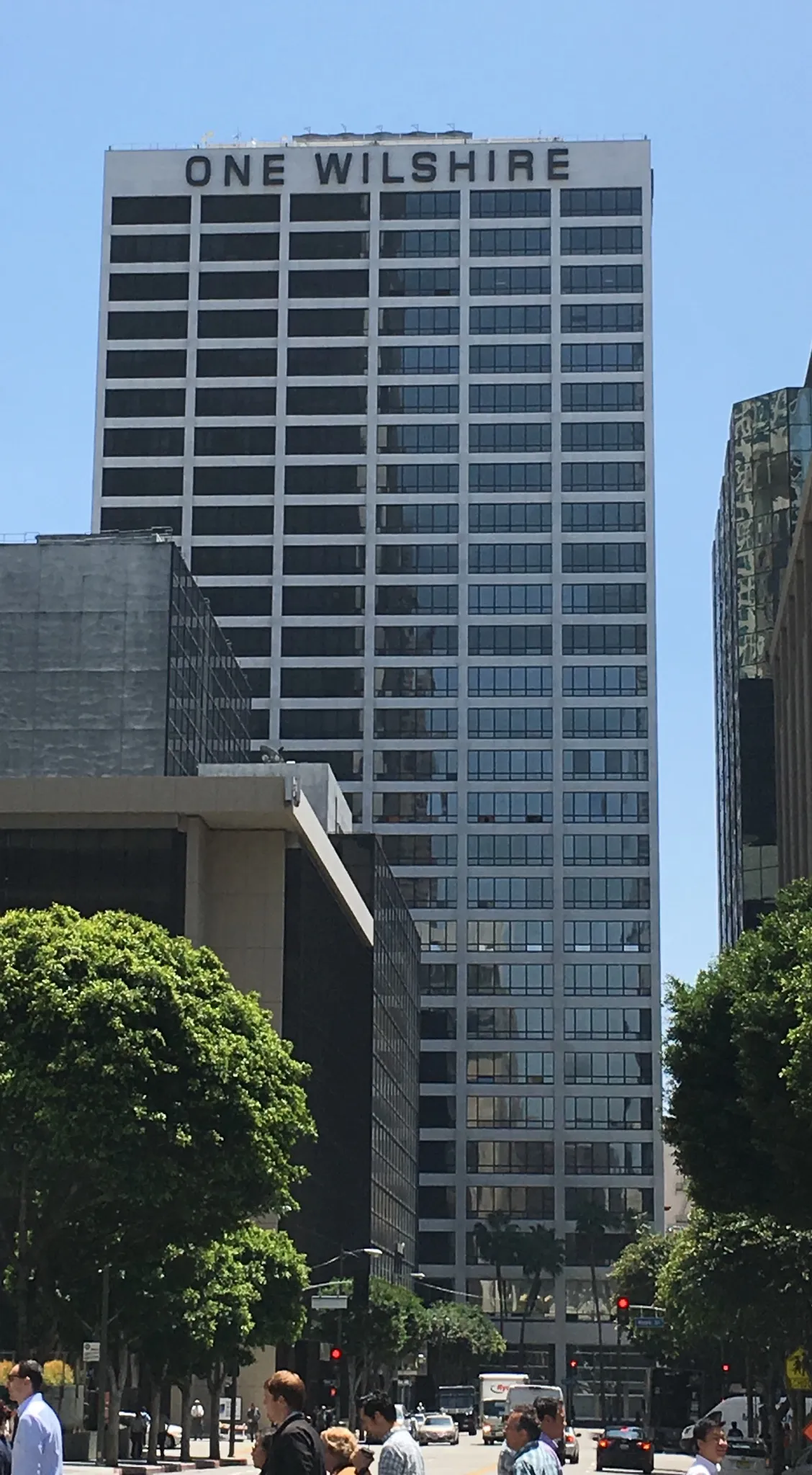 The One Wilshire tower in downtown Los Angeles, with its name across the top